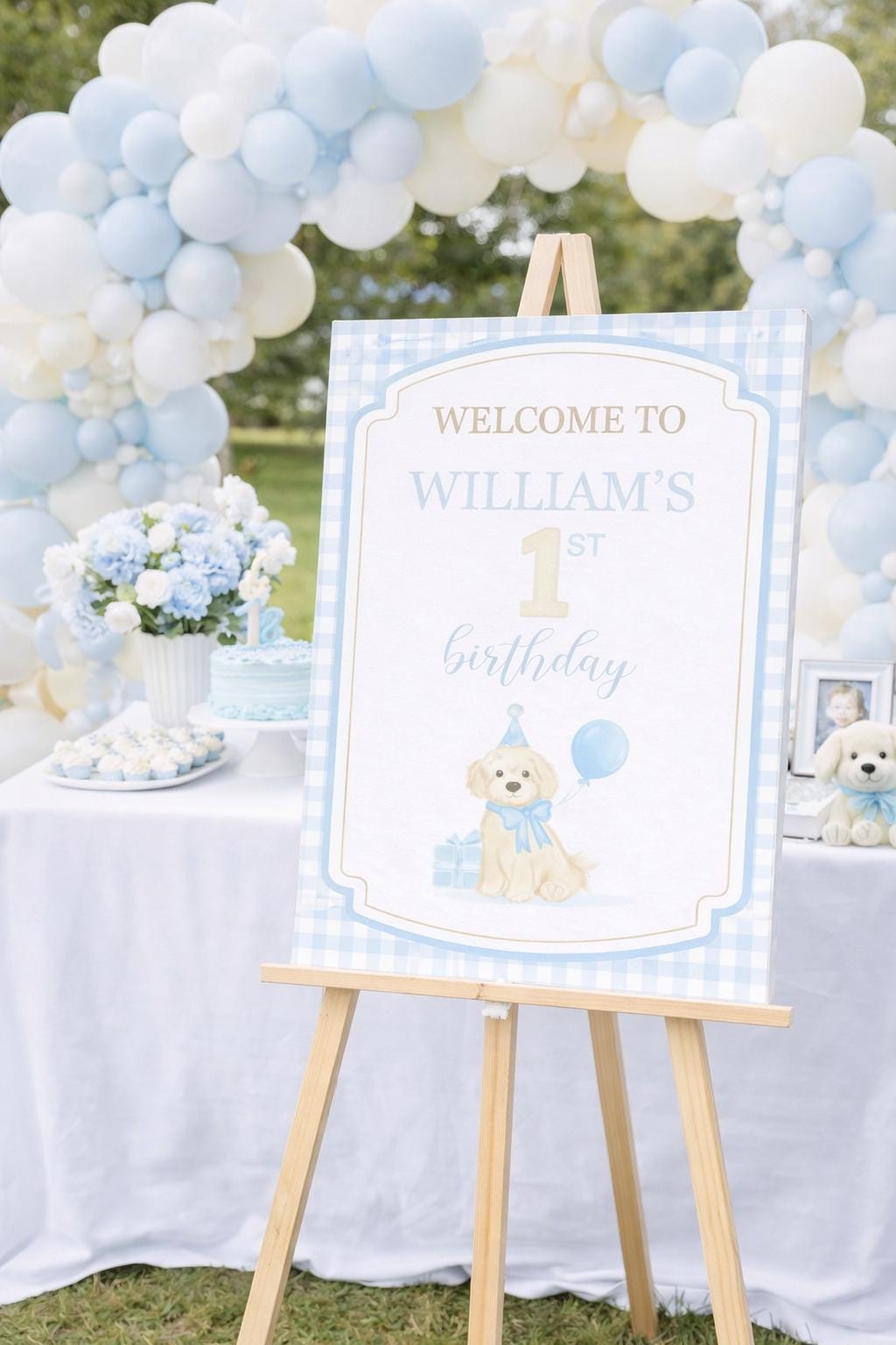 Puppy Birthday Welcome Sign, Dog Birthday Party Sign, Boy First Birthday Welcome Poster, Blue Gingham Puppy Pawty Decor PRINTED Shipped Sign