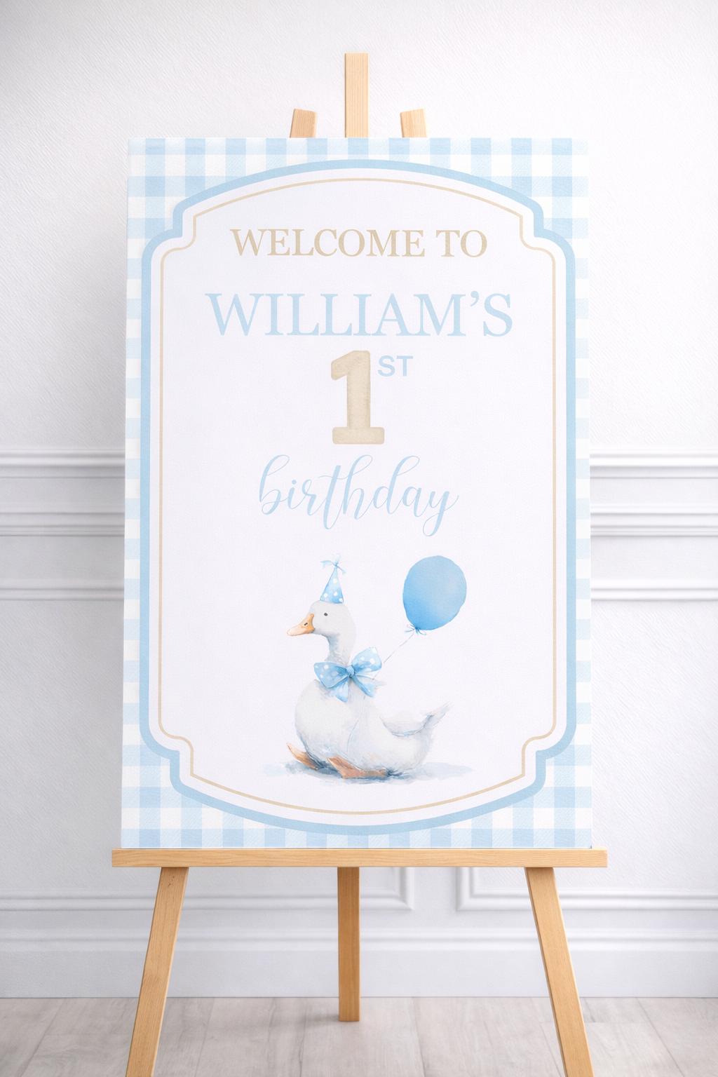 Goose First Birthday Welcome Sign, Duck Birthday Party Sign, Blue Gingham Boy 1st Birthday Welcome Poster, Little Goose Birthday Decor