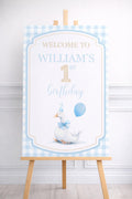Goose First Birthday Welcome Sign, Duck Birthday Party Sign, Blue Gingham Boy 1st Birthday Welcome Poster, Little Goose Birthday Decor