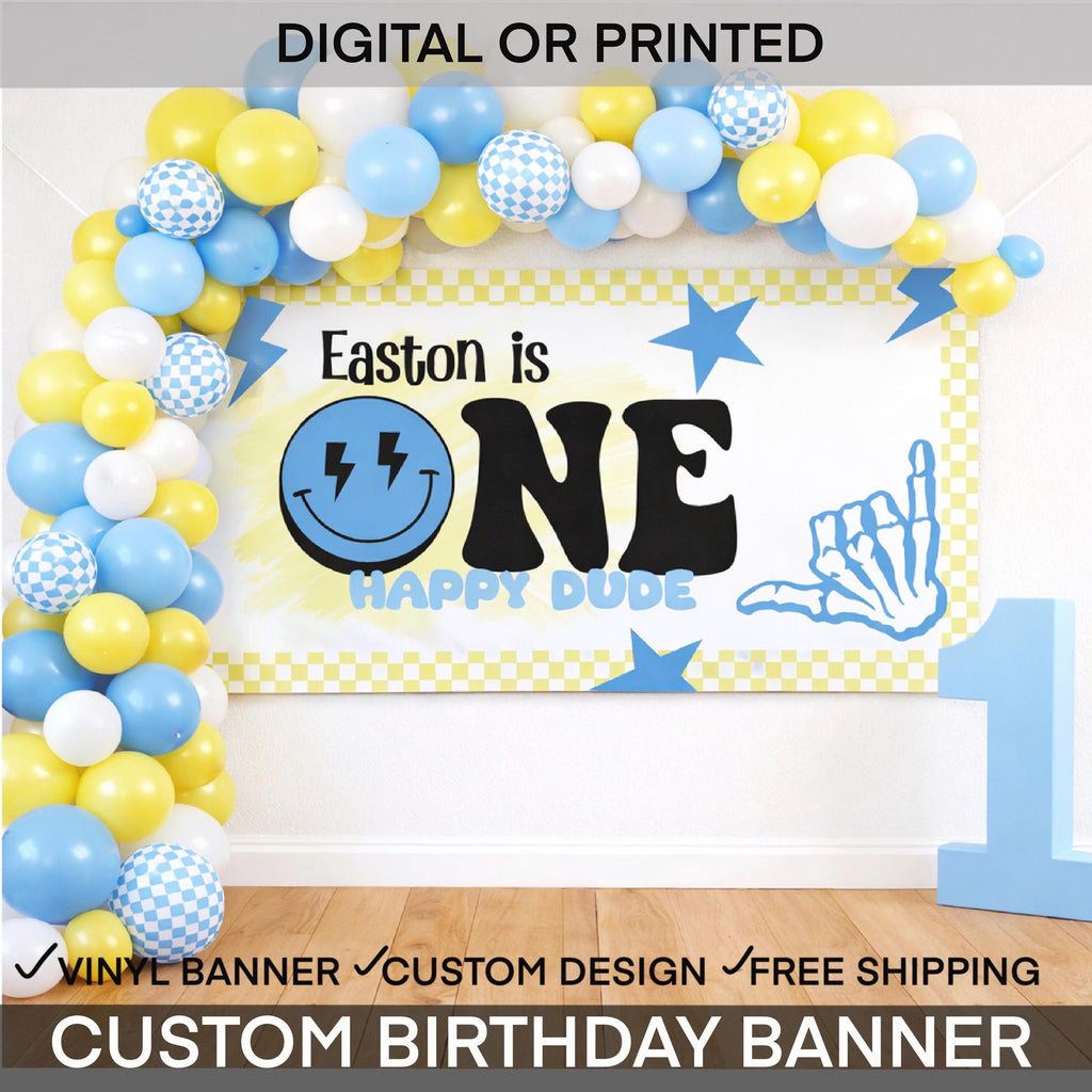 ONE Happy Dude 1st Birthday Banner for Boys, Yellow Blue Checkered Banner, Happy Dude Banner, First Birthday Backdrop, Retro Checkered