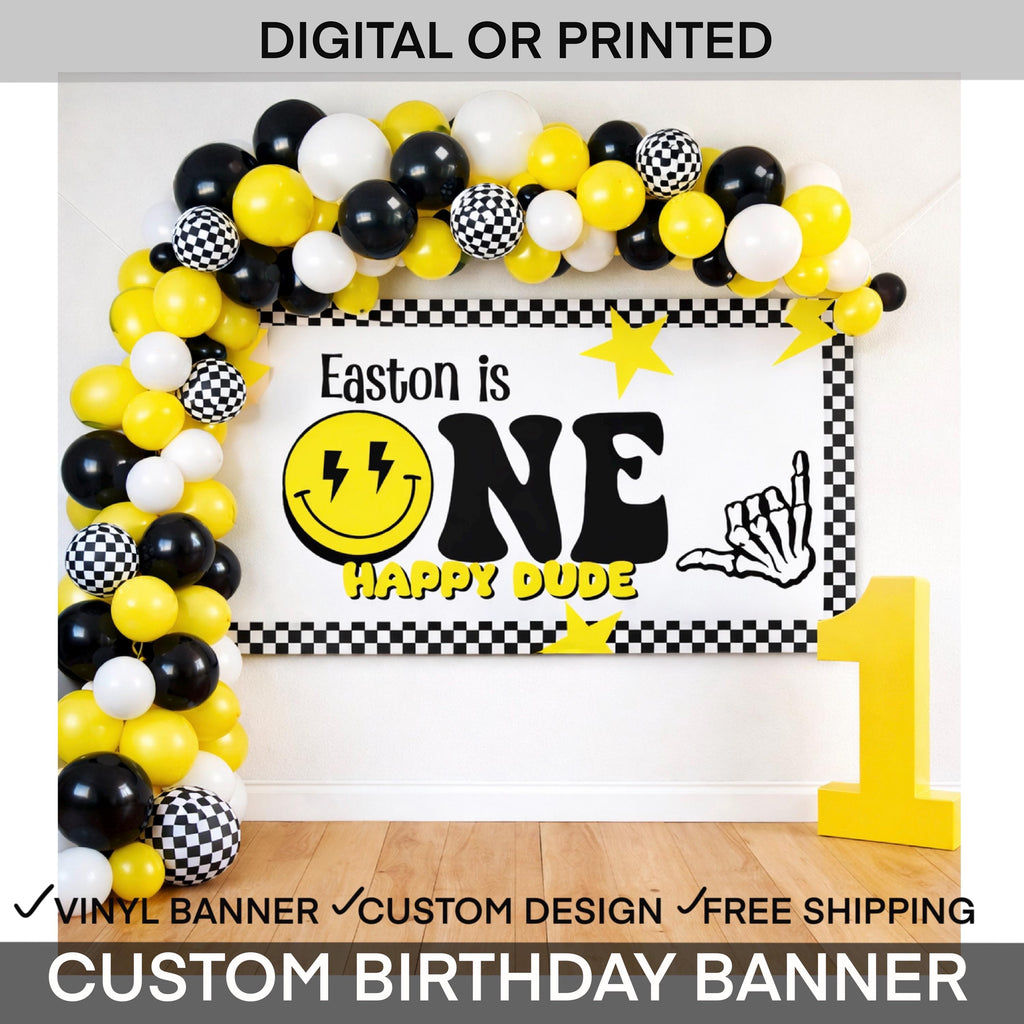 ONE Happy Dude 1st Birthday Banner for Boys, Yellow and Black Checkered Banner, Happy Dude Banner, First Birthday Backdrop, Retro Checkered