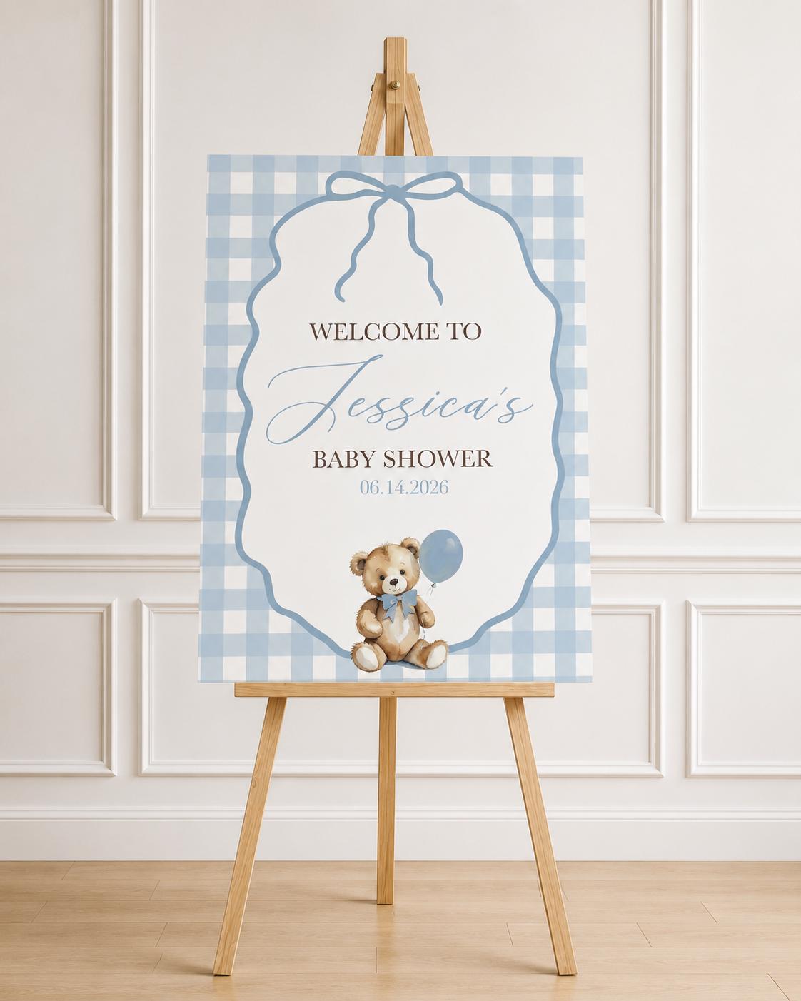 Teddy Bear Baby Shower Welcome Sign | Blue Gingham Baby Shower Sign | Boy Baby Shower Welcome Board | Baby Shower Entrance Sign | SHIPPED