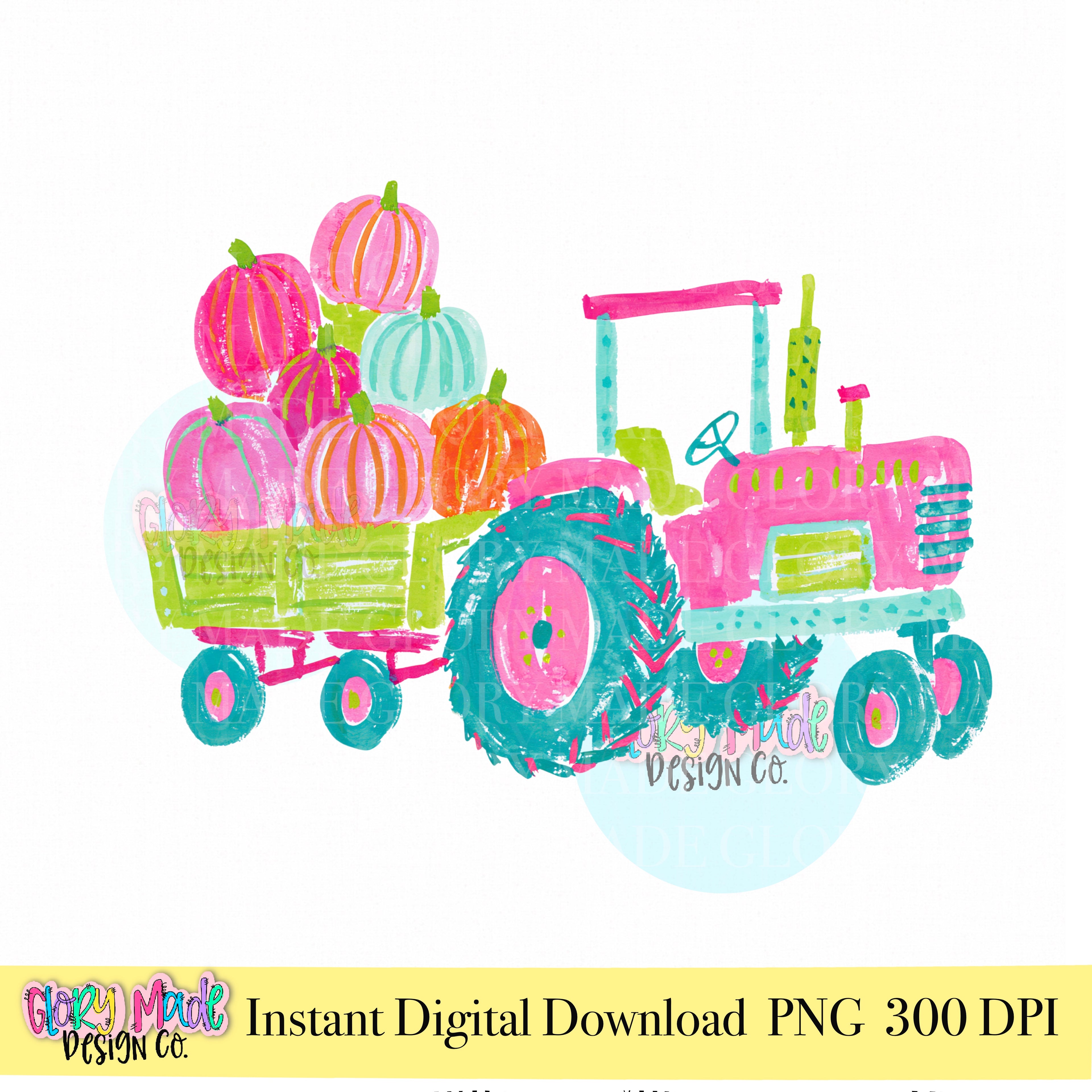 Watercolor fall tractor PNG with pumpkins and autumn harvest details for sublimation and seasonal crafts