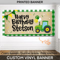 Personalized green tractor birthday banner with green gingham border, tractor birthday banner