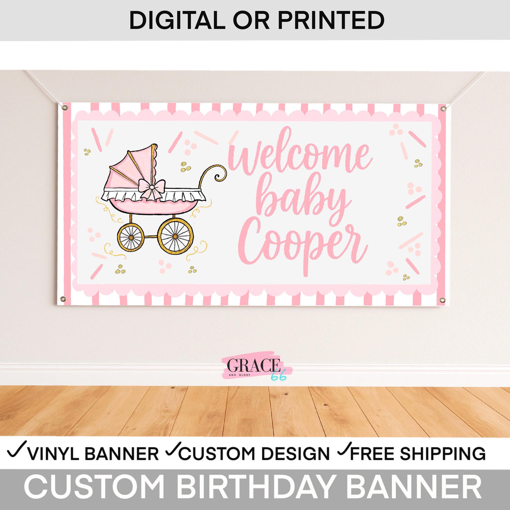 Welcome Home Baby Banner | Custom Welcome Home Baby Girl Banner | Personalized Pink Baby Shower Decorations | Newborn Hospital Sign