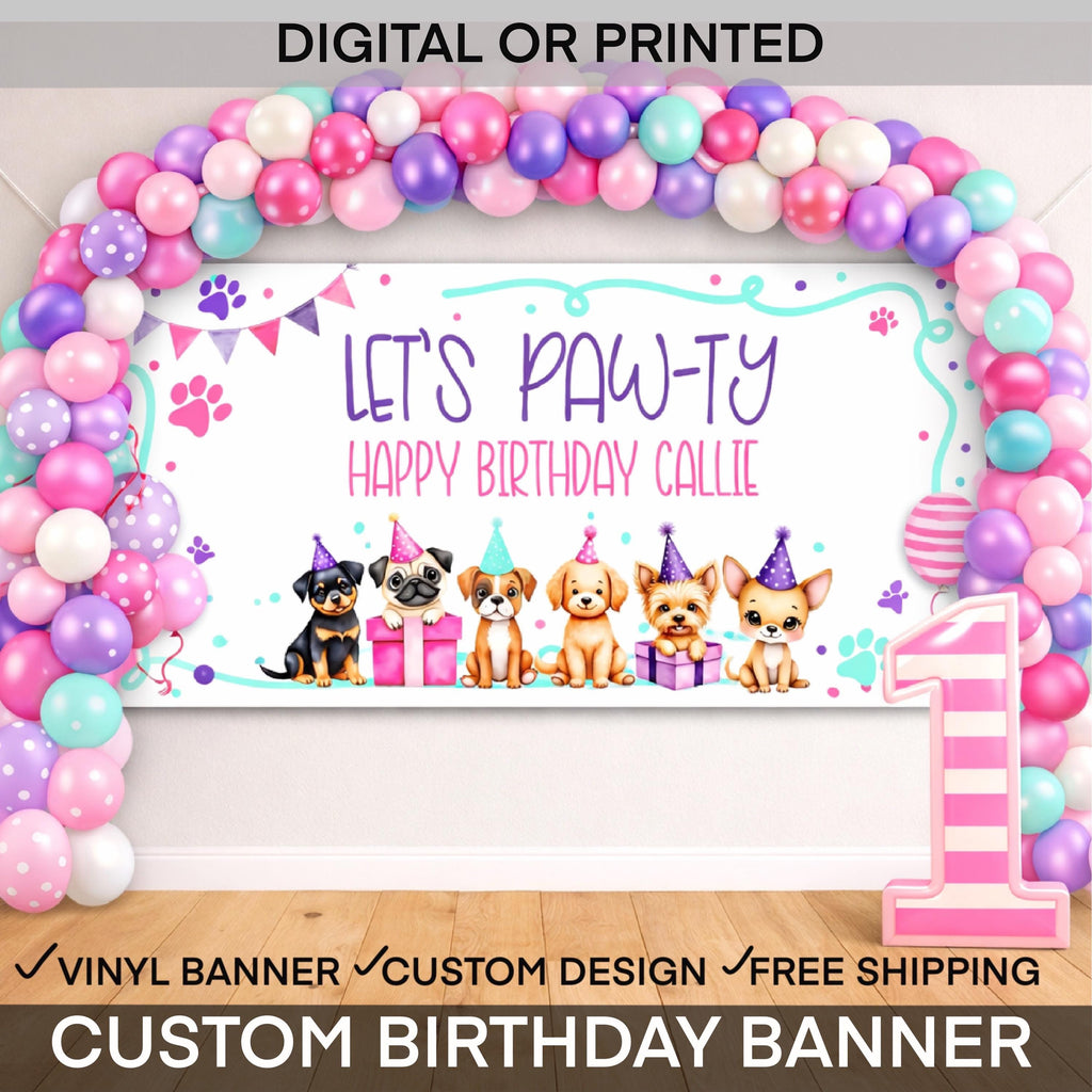 Puppy Pawty Birthday Banner, Personalized Dog Birthday Backdrop, Puppy Party Decorations, Ready Two Pawty Banner
