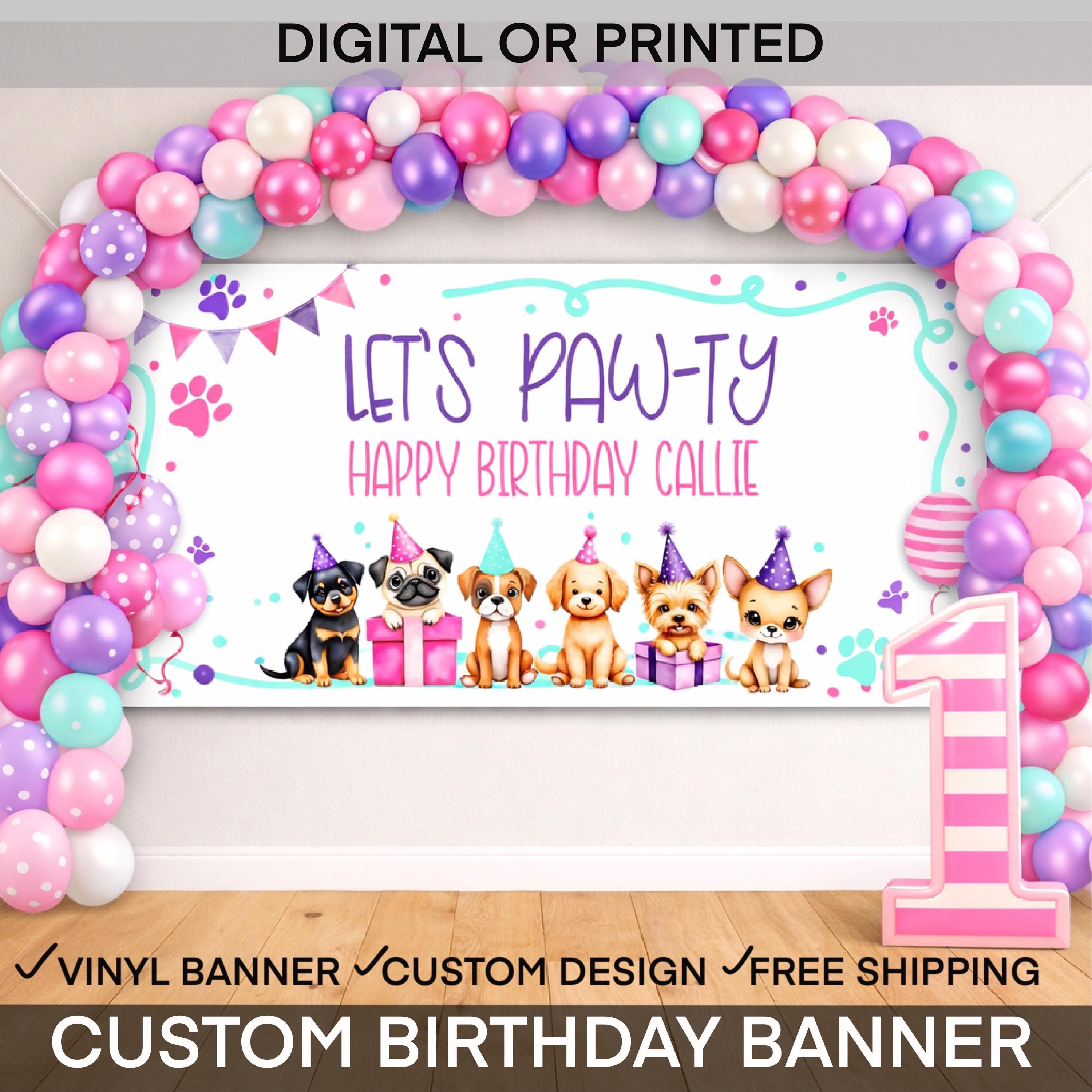 Puppy Pawty Birthday Banner, Personalized Dog Birthday Backdrop, Puppy Party Decorations, Ready Two Pawty Banner