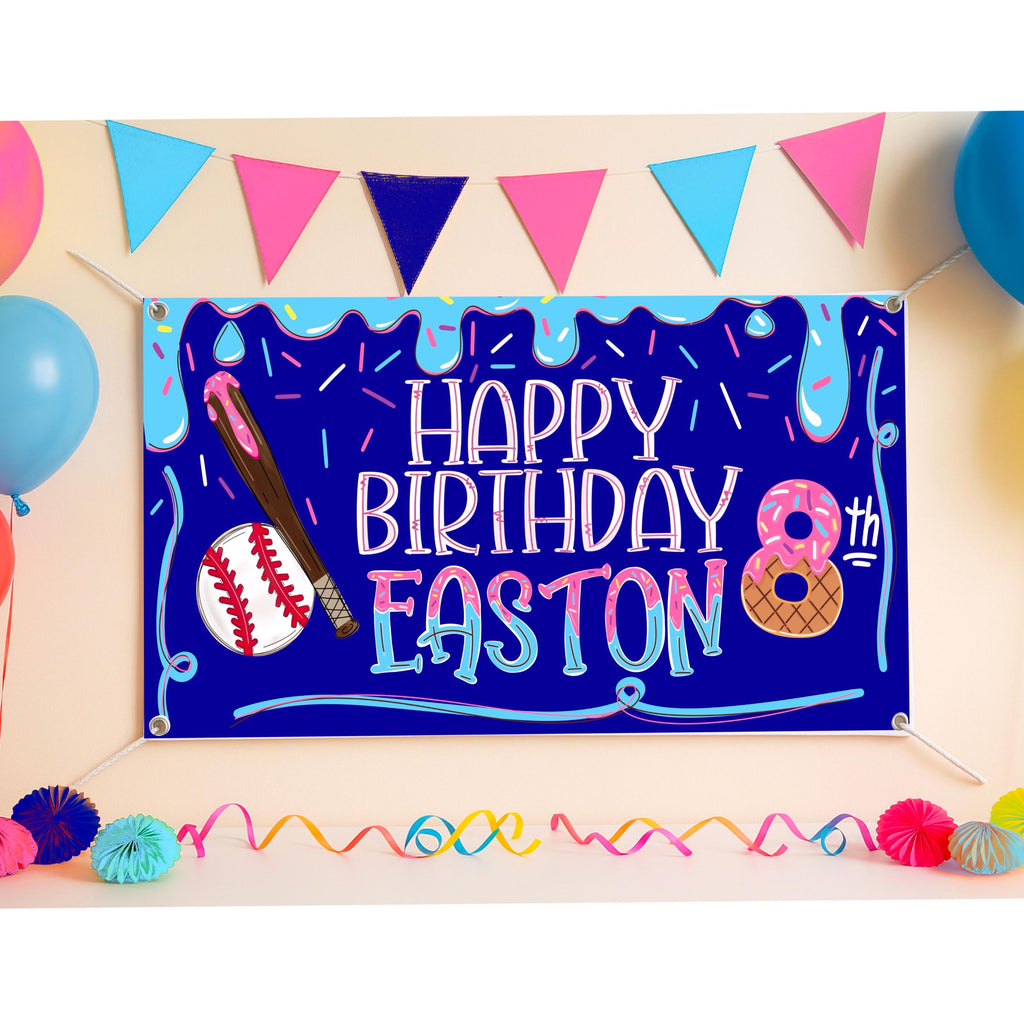 Drippy Baseball Birthday Banner • Ice Cream Baseball Party Backdrop • Custom Name Sign • Vinyl or Digital File • Boys Party Decor