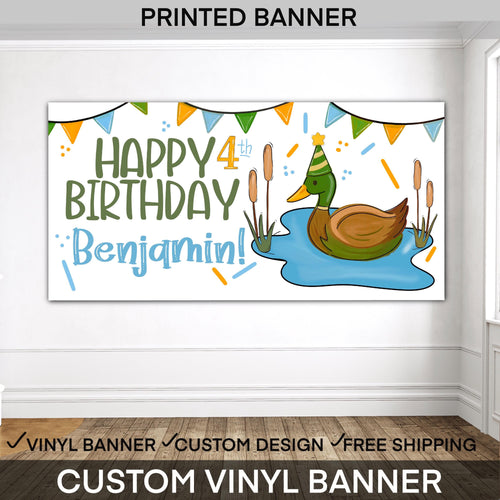 Personalized duck birthday banner with mallard duck, cattails and custom name for a boys hunting themed birthday party