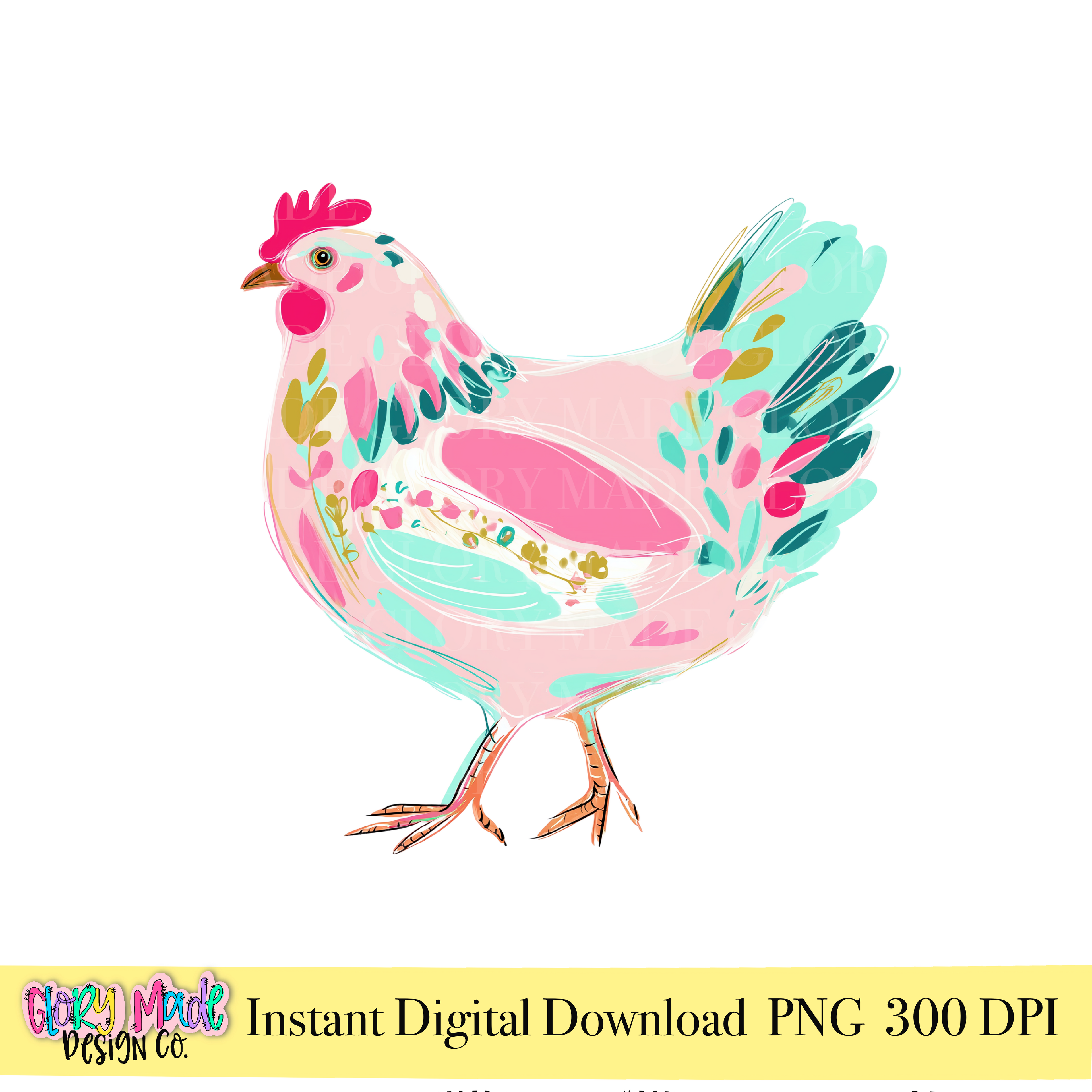 Cute colorful floral chicken PNG hen farm clipart