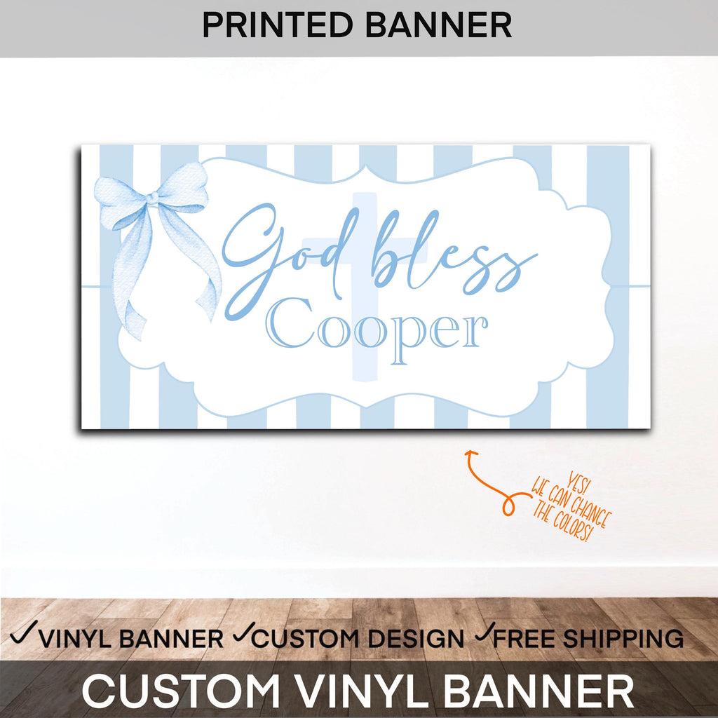 Baptism Backdrop Banner | Blue Stripe Christening Banner | Baby Dedication Party Decor | God Bless Baby Banner | Custom