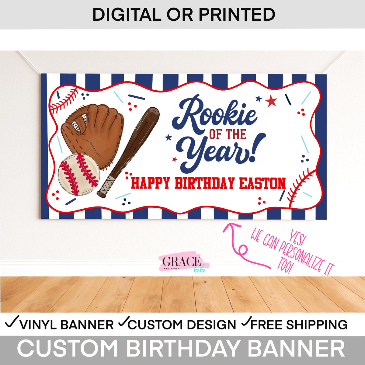 First Pitch Rookie of the Year Personalized Baseball Birthday Banner – Boys Party Backdrop