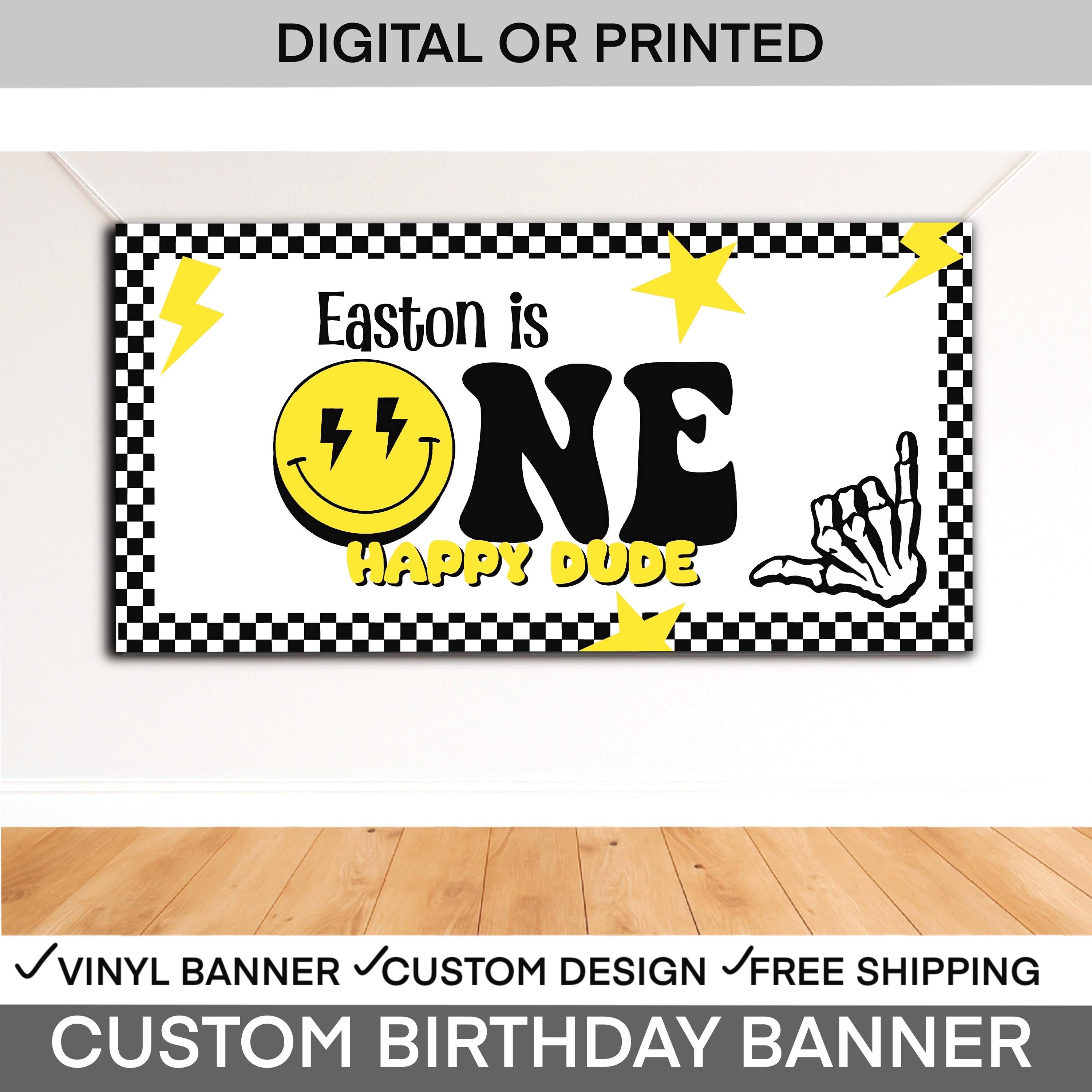 ONE Happy Dude 1st Birthday Banner for Boys, Yellow and Black Checkered Banner, Happy Dude Banner, First Birthday Backdrop, Retro Checkered