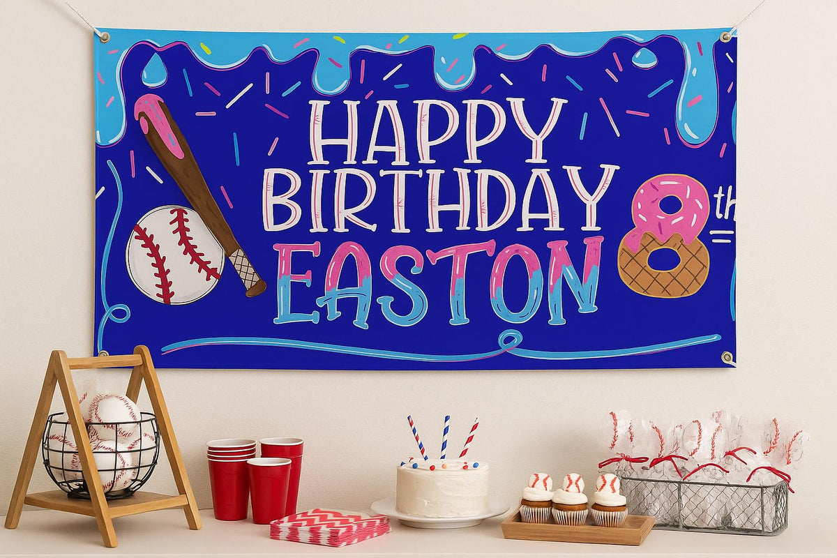 Drippy Baseball Birthday Banner • Ice Cream Baseball Party Backdrop • Custom Name Sign • Vinyl or Digital File • Boys Party Decor