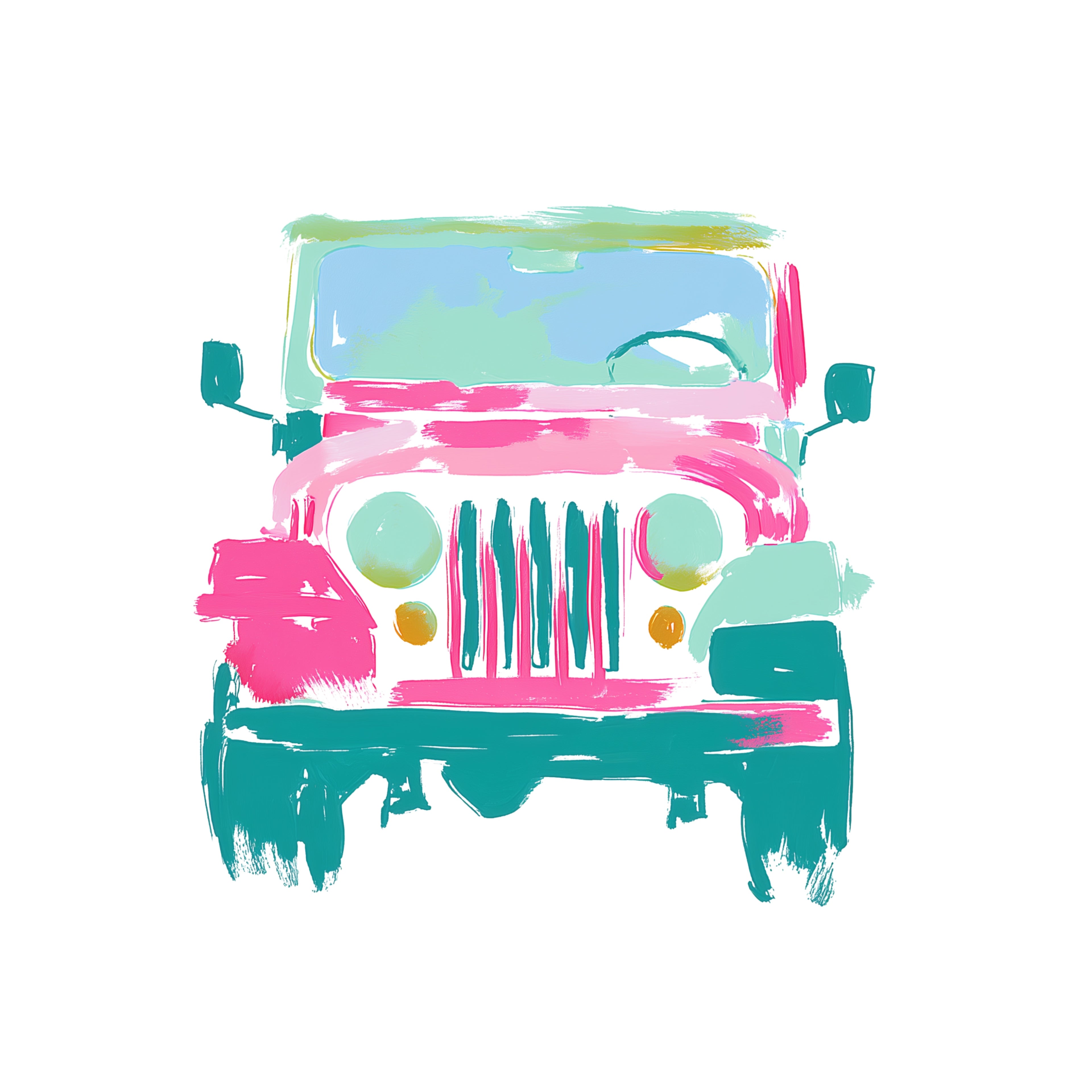 Vintage Jeep PNG, Pink and Teal Watercolor Jeep Clipart, Preppy Beach Jeep Design, Summer Jeep Graphic, 300 DPI Instant Download