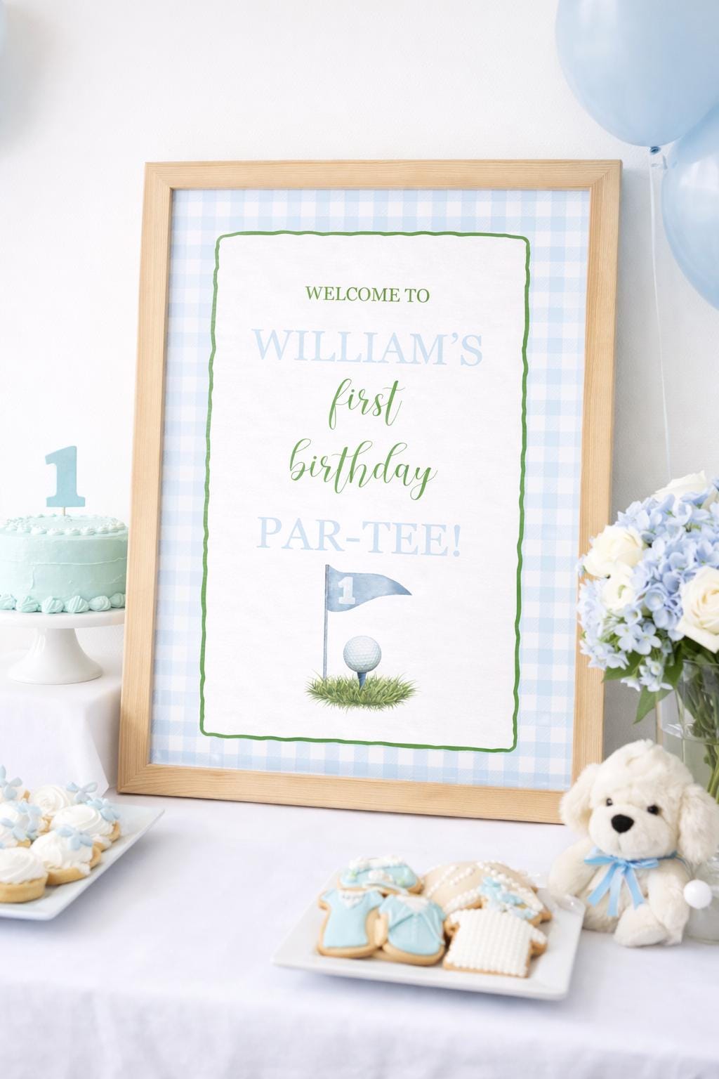 Puppy Birthday Welcome Sign, Dog Birthday Party Sign, Boy First Birthday Welcome Poster, Blue Gingham Puppy Pawty Decor PRINTED Shipped Sign