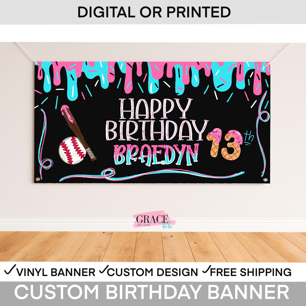 Ice Cream Drippy Baseball Personalized Birthday Banner – Boys Party Backdrop