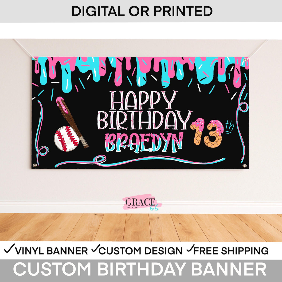 Ice Cream Drippy Baseball Personalized Birthday Banner – Boys Party Backdrop