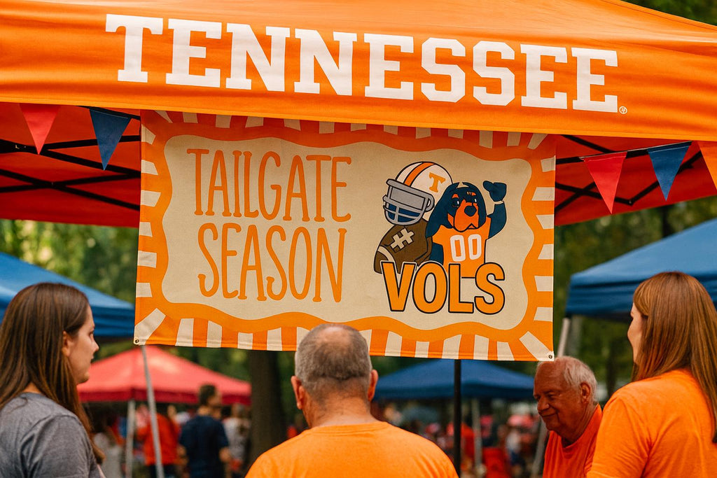 Tailgate tent setup, go vols, Tennessee tailgate banner ideas