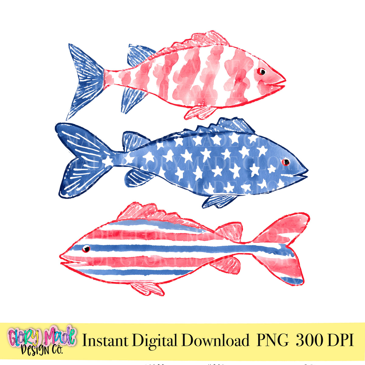 Red white and blue patriotic fish PNG USA fishing clipart