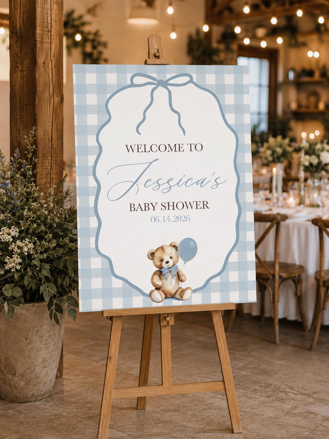 Teddy Bear Baby Shower Welcome Sign | Blue Gingham Baby Shower Sign | Boy Baby Shower Welcome Board | Baby Shower Entrance Sign | SHIPPED
