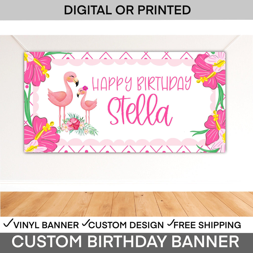 Flamingo Birthday Banner | Pool Party Decorations | Tropical Birthday Banner | Personalized Party Sign