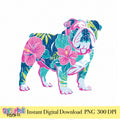 Colorful tropical floral bulldog PNG with pink and blue details for sublimation and school spirit designs