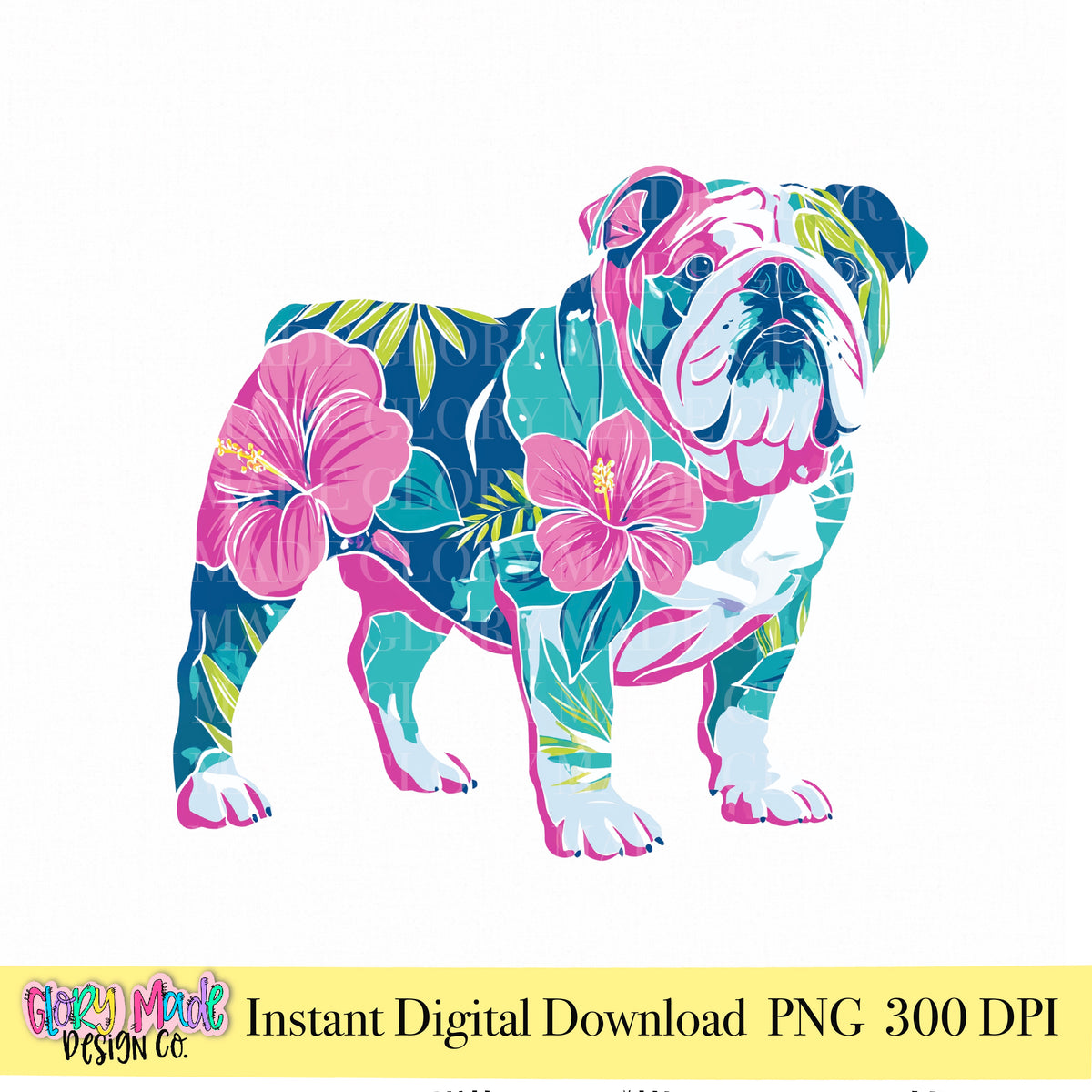 Colorful tropical floral bulldog PNG with pink and blue details for sublimation and school spirit designs