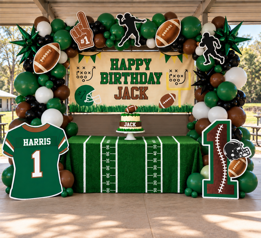  Custom football party prop set with personalized jersey, helmet, footballs and player silhouettes