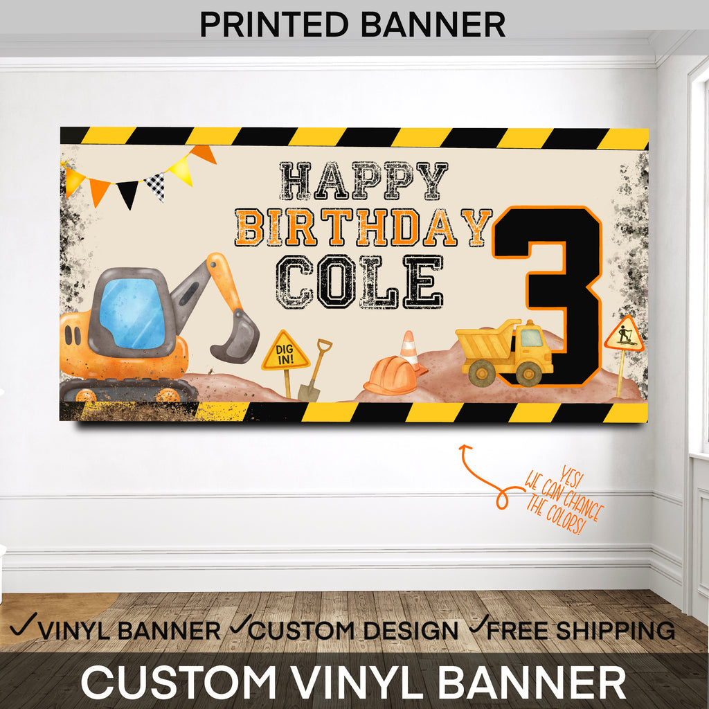 Personalized construction birthday banner with dump trucks and construction zone details. Perfect for boys’ birthdays, party backdrops, and photos.