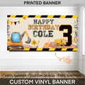 Personalized construction birthday banner with dump trucks and construction zone details. Perfect for boys’ birthdays, party backdrops, and photos.
