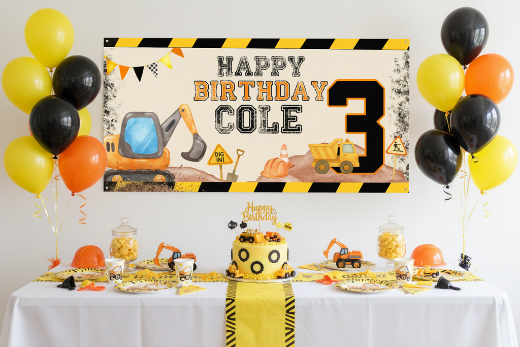Construction birthday party setup with personalized dump truck birthday banner, balloons and construction themed decorations