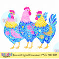 Colorful folk art chicken PNG boho farmhouse clipart