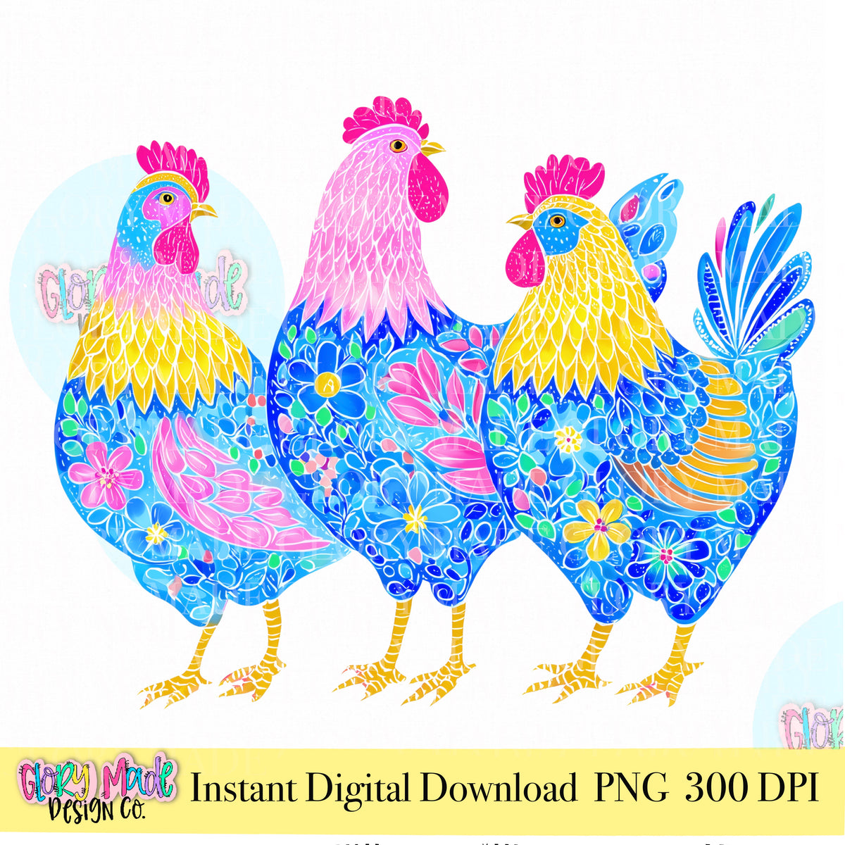 Colorful folk art chicken PNG boho farmhouse clipart