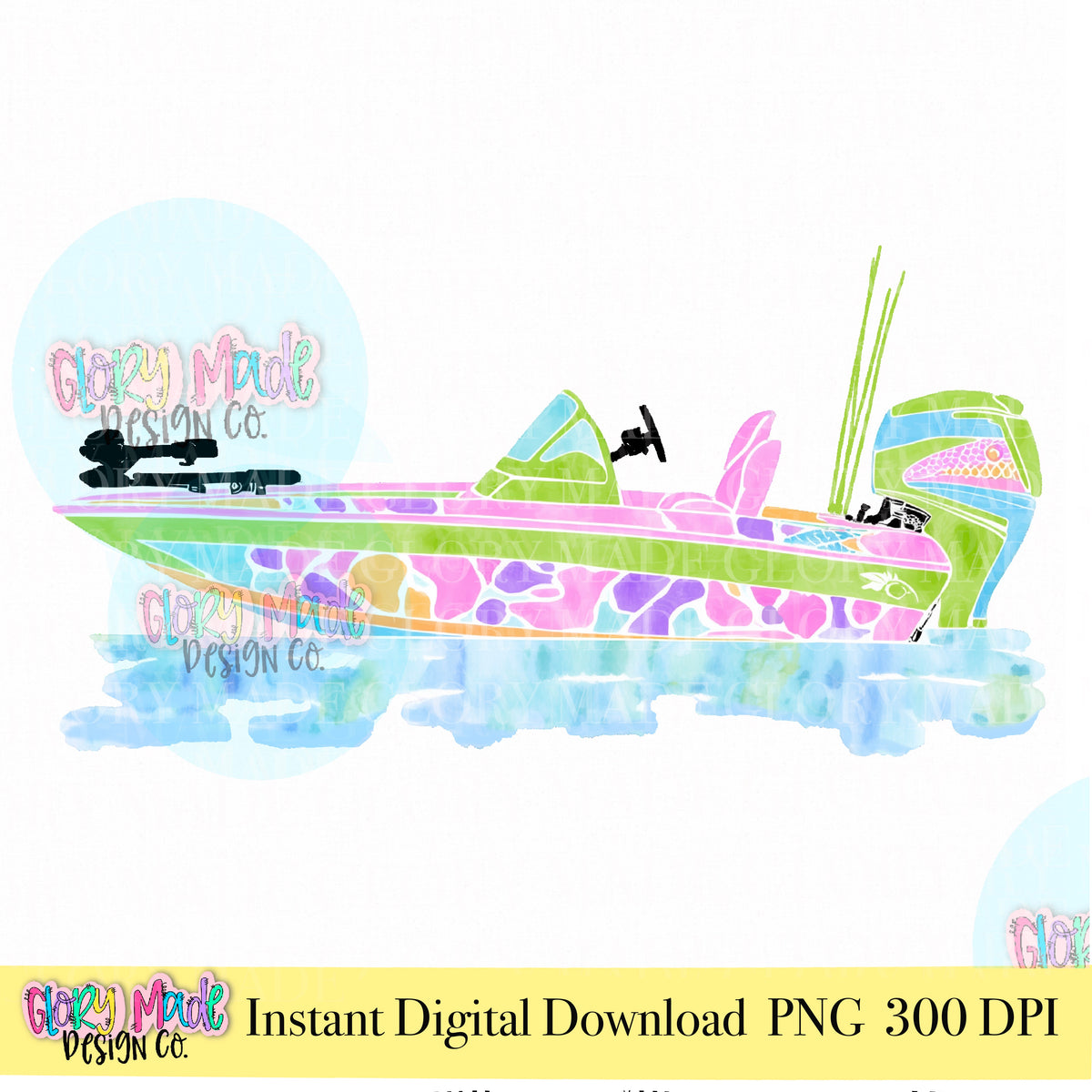Girly bass boat PNG colorful pink fishing boat clipart for sublimation and lake life designs