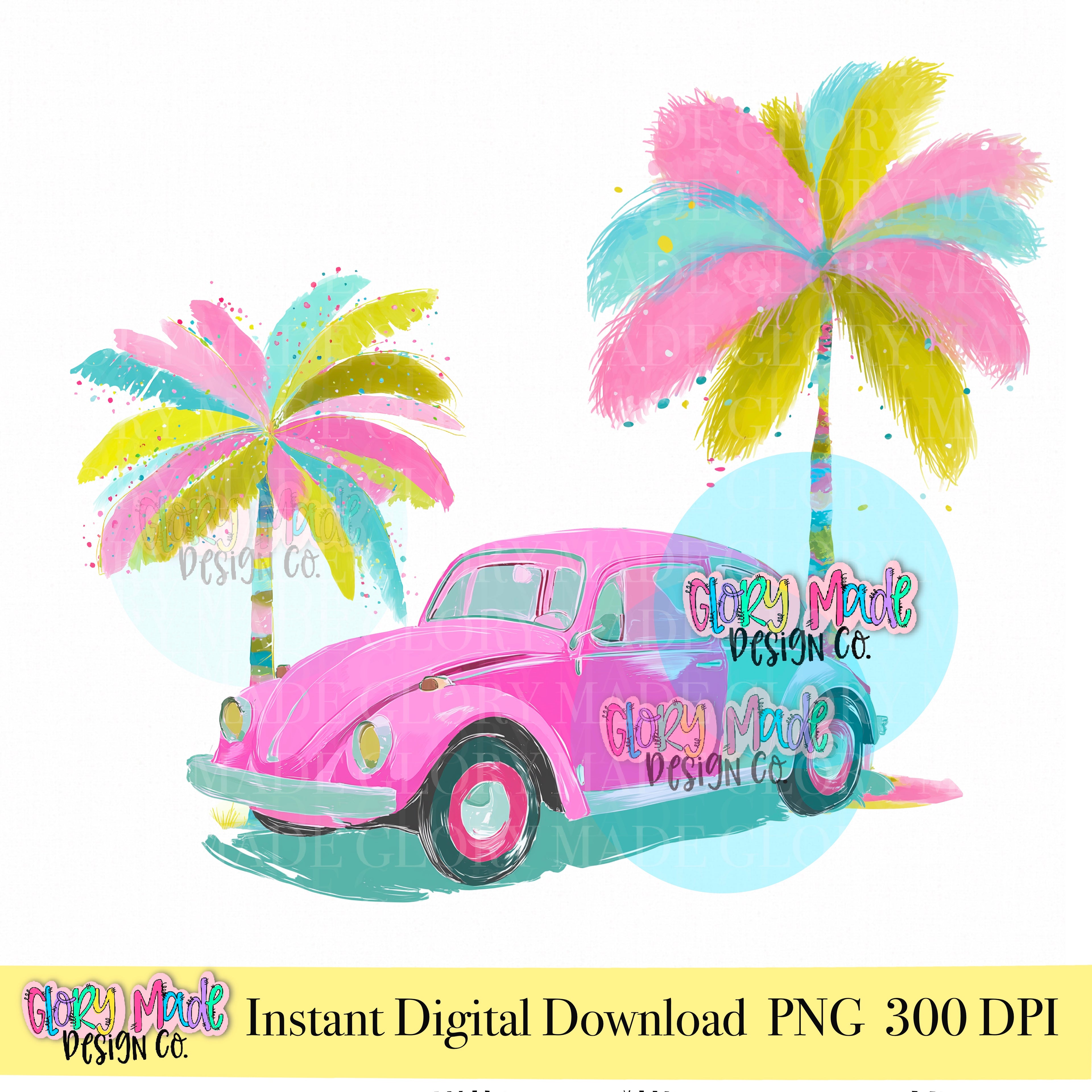 Pink Volkswagen Beetle PNG, Tropical Palm Tree Car Clipart, Preppy Summer Car Design, Beach Vacation Graphic