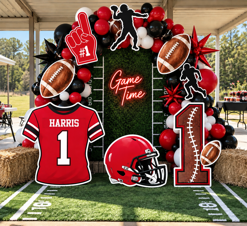 Red and black     Personalized football birthday decorations in custom team colors with player name and number