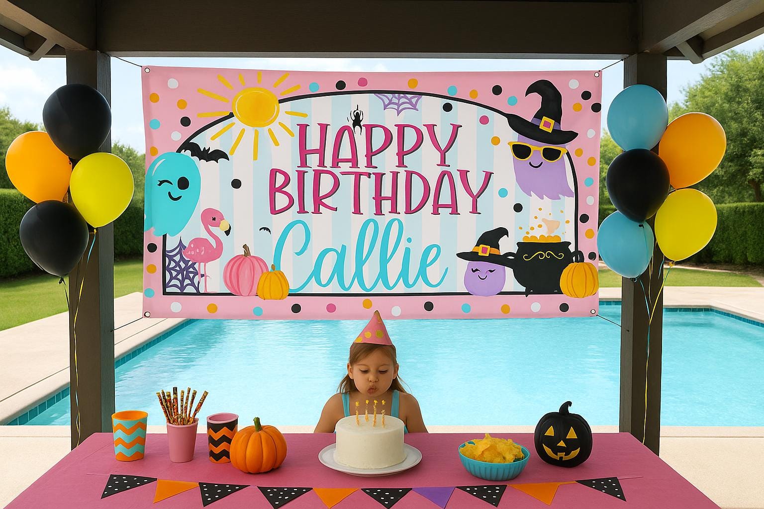 Summerween Birthday Banner | Personalized Halloween Pool Party Banner