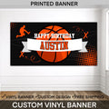 Personalized basketball birthday banner with custom name and age for a boys sports themed birthday party backdrop.