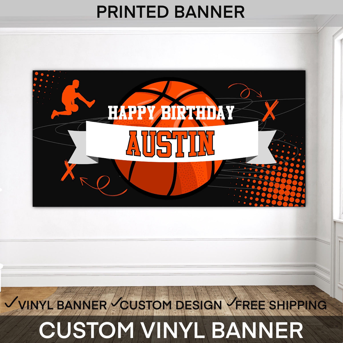 Personalized basketball birthday banner with custom name and age for a boys sports themed birthday party backdrop.