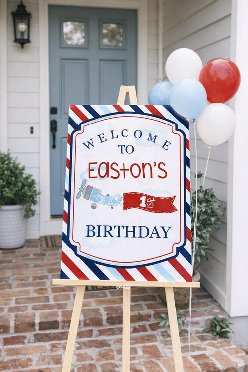 Airplane Birthday Welcome Sign, Vintage Airplane First Birthday Sign, Boy Airplane Party Welcome Poster, Pilot Birthday Party Decor