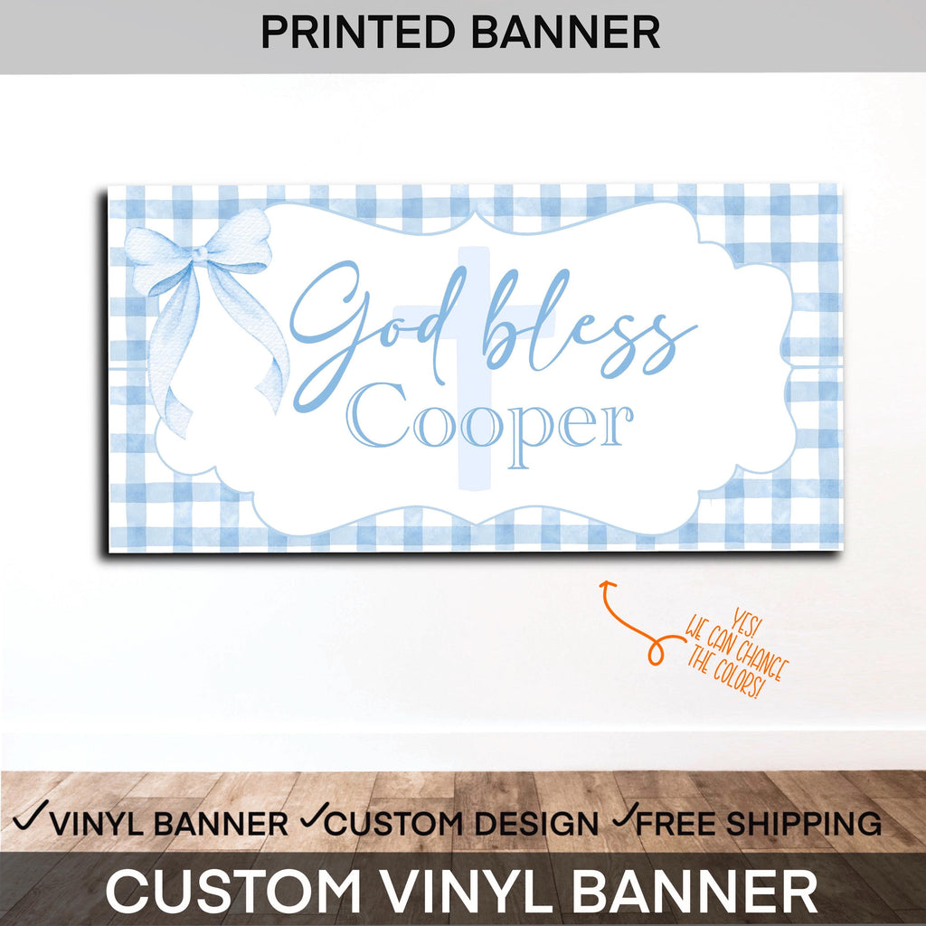Baptism Banner | Custom Christening Party Banner | God Bless Baby Banner | Blue Baptism Decor | Religious Baby Shower Banner