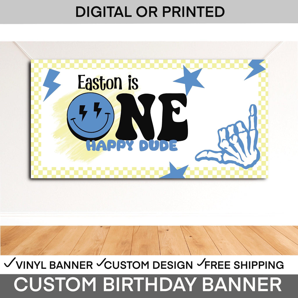 ONE Happy Dude 1st Birthday Banner for Boys, Yellow Blue Checkered Banner, Happy Dude Banner, First Birthday Backdrop, Retro Checkered
