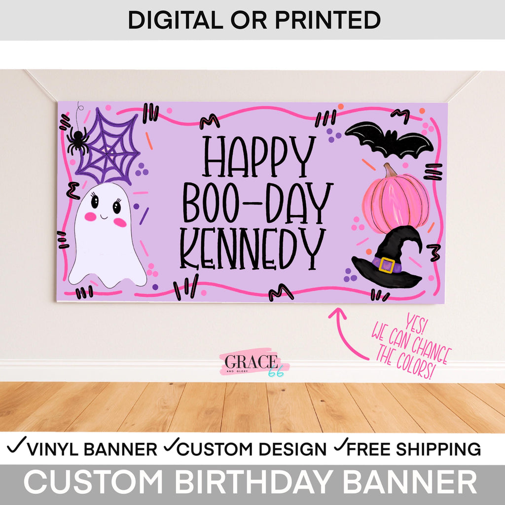 Boo Day birthday banner with cute pink and purple Halloween theme for a little girl’s first birthday.