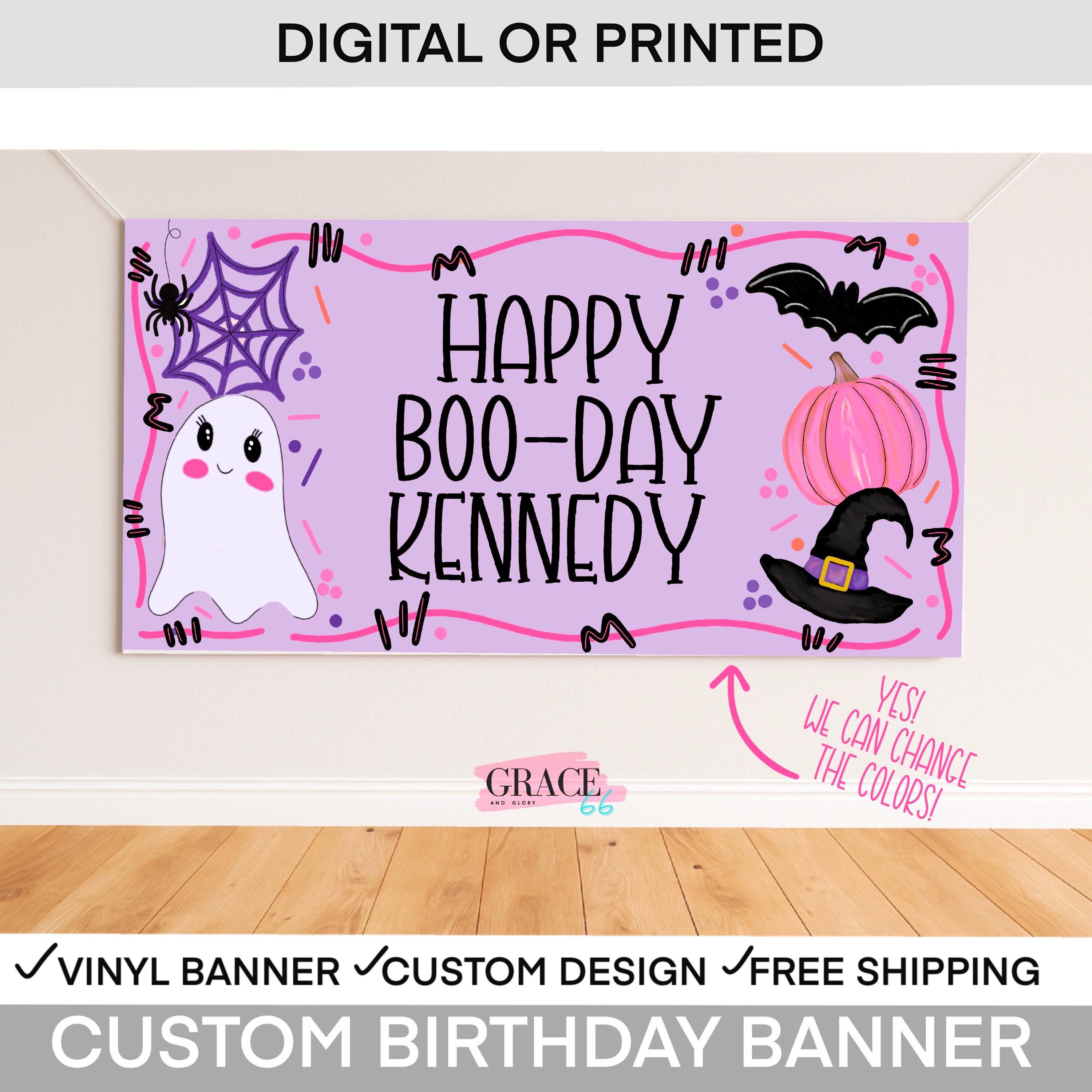 Boo Day birthday banner with cute pink and purple Halloween theme for a little girl’s first birthday.