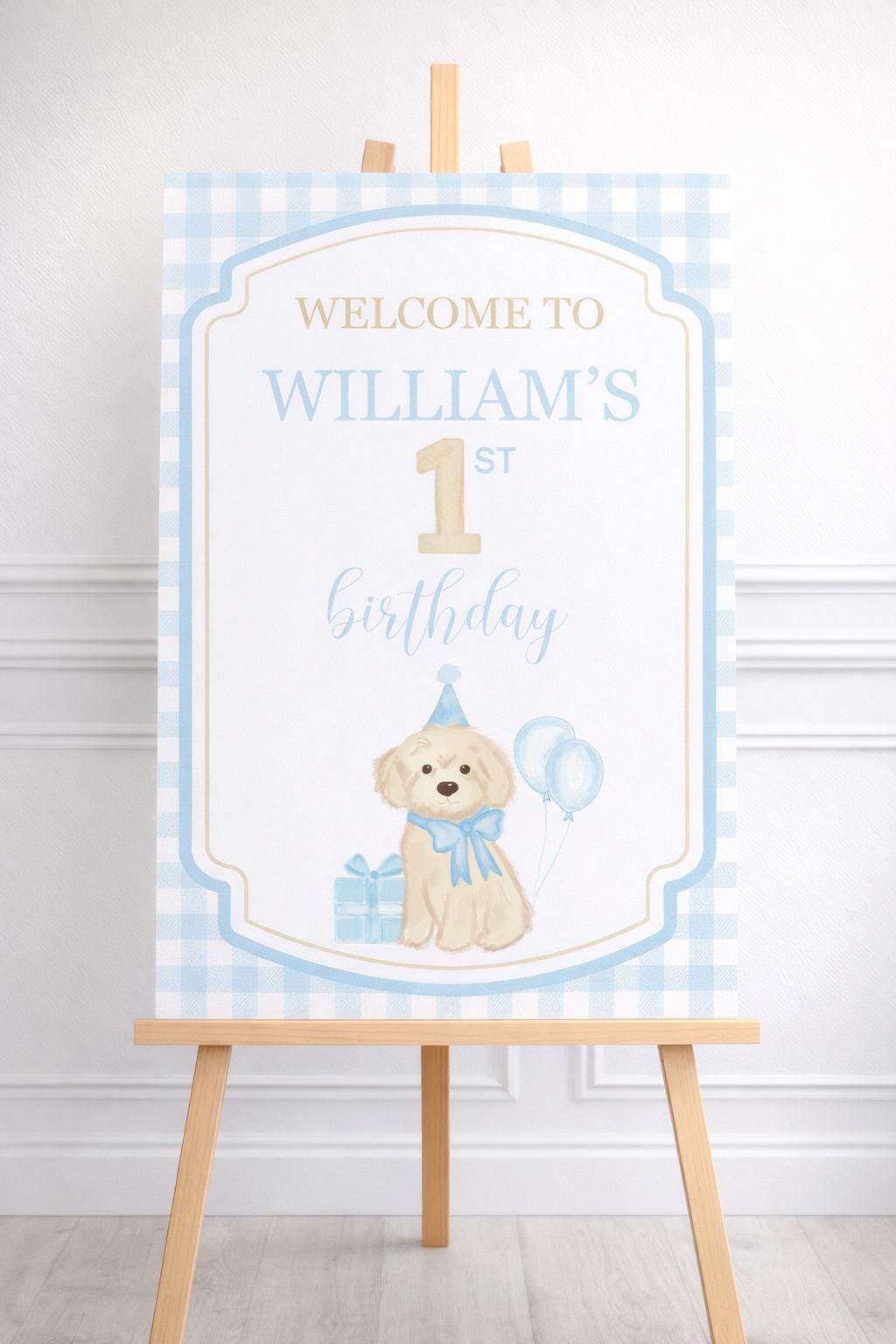 Puppy Birthday Welcome Sign, Dog Birthday Party Sign, Boy First Birthday Welcome Poster, Blue Gingham Puppy Pawty Decor PRINTED Shipped Sign