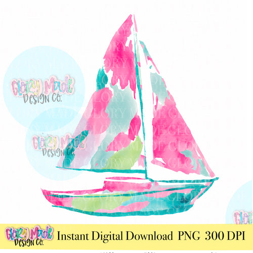 Colorful preppy sailboat PNG for coastal shirts and nautical sublimation projects