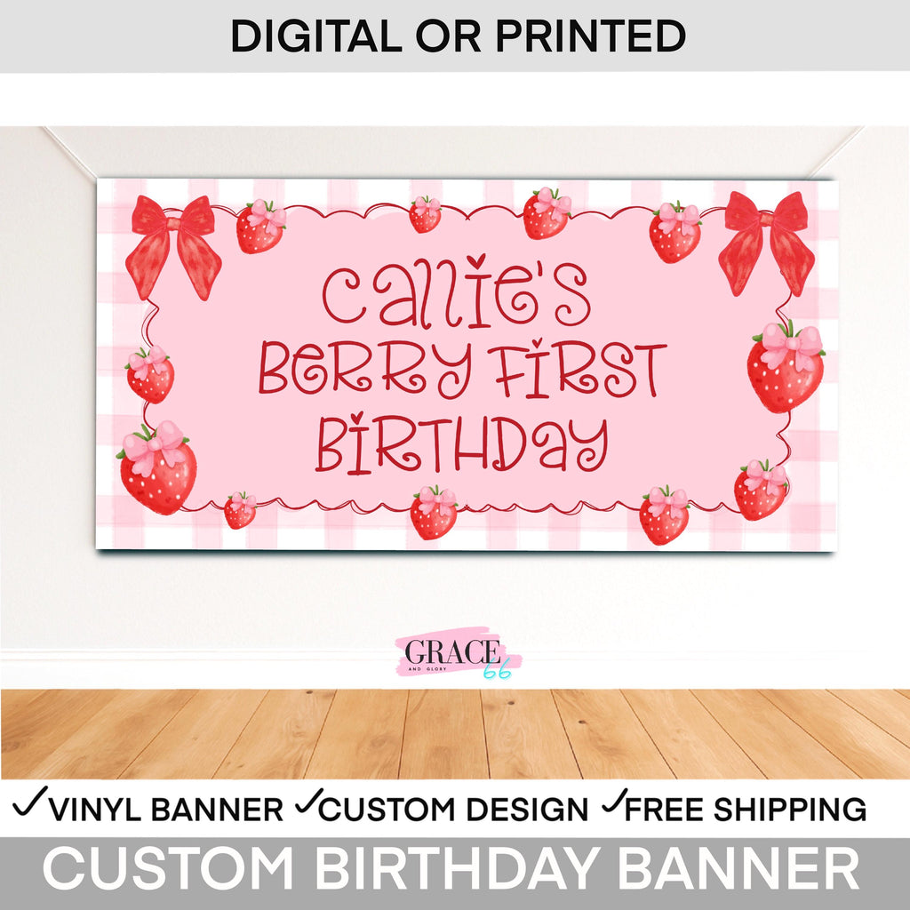 Strawberry Birthday Banner, One Berry First Birthday Banner, Personalized Strawberry Birthday Backdrop, Berry First Birthday Party Decor
