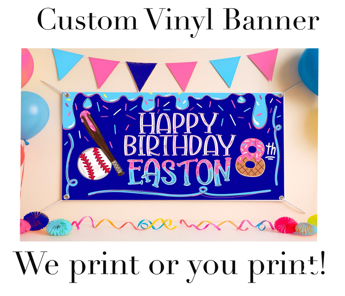 Drippy Baseball Birthday Banner • Ice Cream Baseball Party Backdrop • Custom Name Sign • Vinyl or Digital File • Boys Party Decor