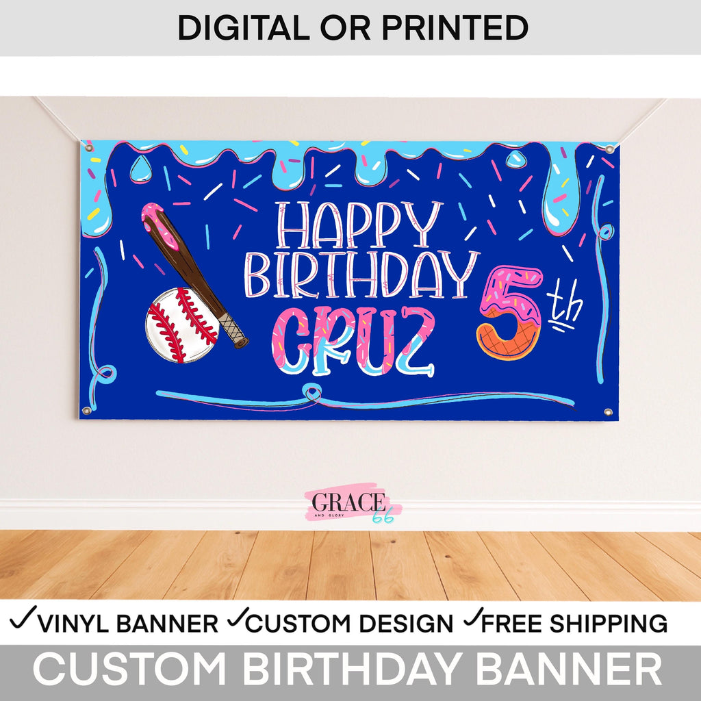 Drippy Baseball Birthday Banner • Ice Cream Baseball Party Backdrop • Custom Name Sign • Vinyl or Digital File • Boys Party Decor